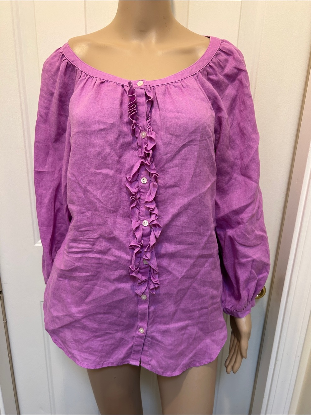 Ralph Lauren LRL Ruffle Front Linen Peasant Blouse Romantic Feminine Cottagecore